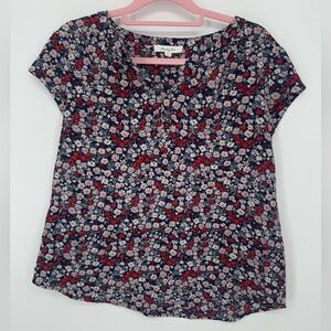 Monday Fun Women's Short-Sleeve Floral Blouse Navy with Red & Pink Flowers XL